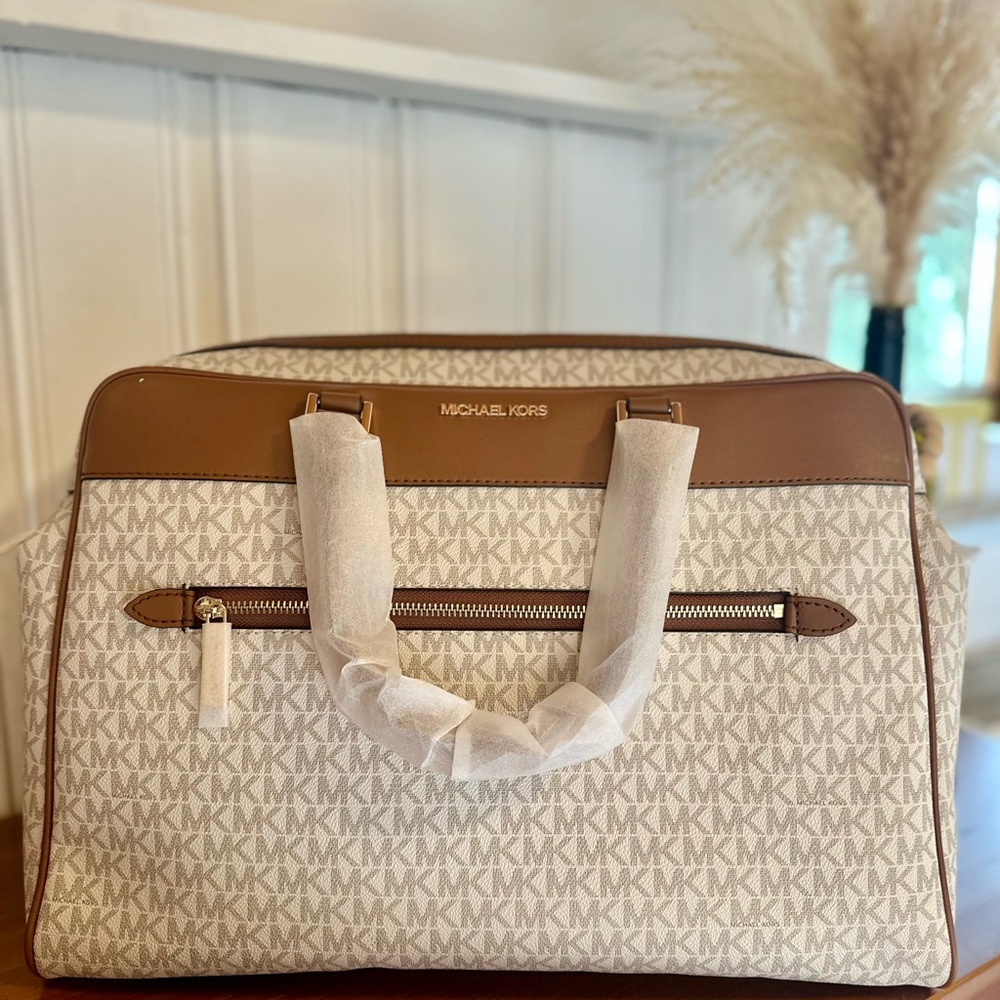 Michael Kors Beige and Brown Monogram Duffle Weekender Bag